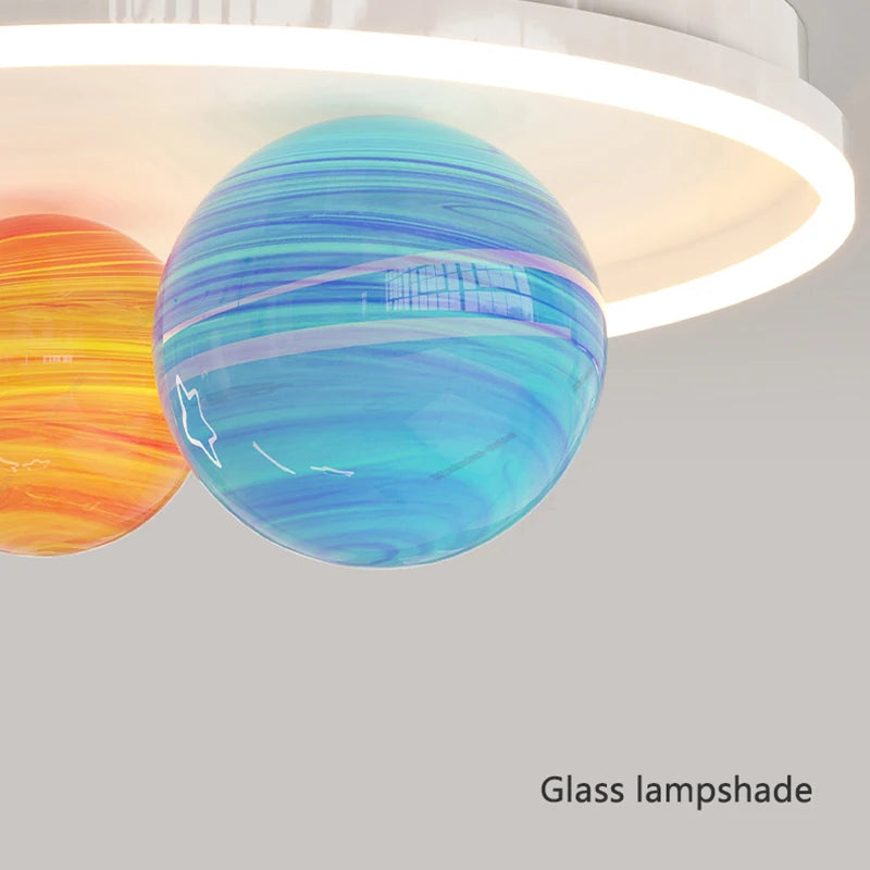 Creative nursery chandelier with colourful glass planets and stars - vue 5 sur 7