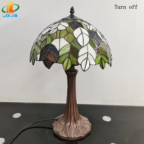Tiffany style glass table lamp with antique decorative leaves - vue 7 sur 6