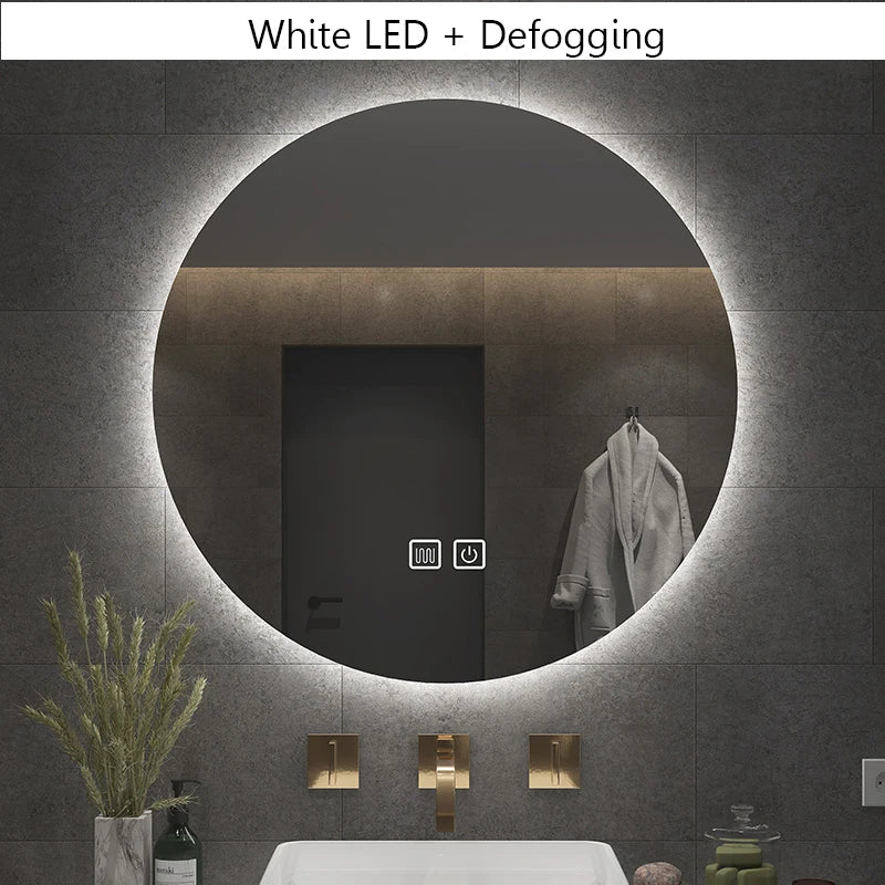 Round mirror with adjustable backlight and anti-fog, decorative