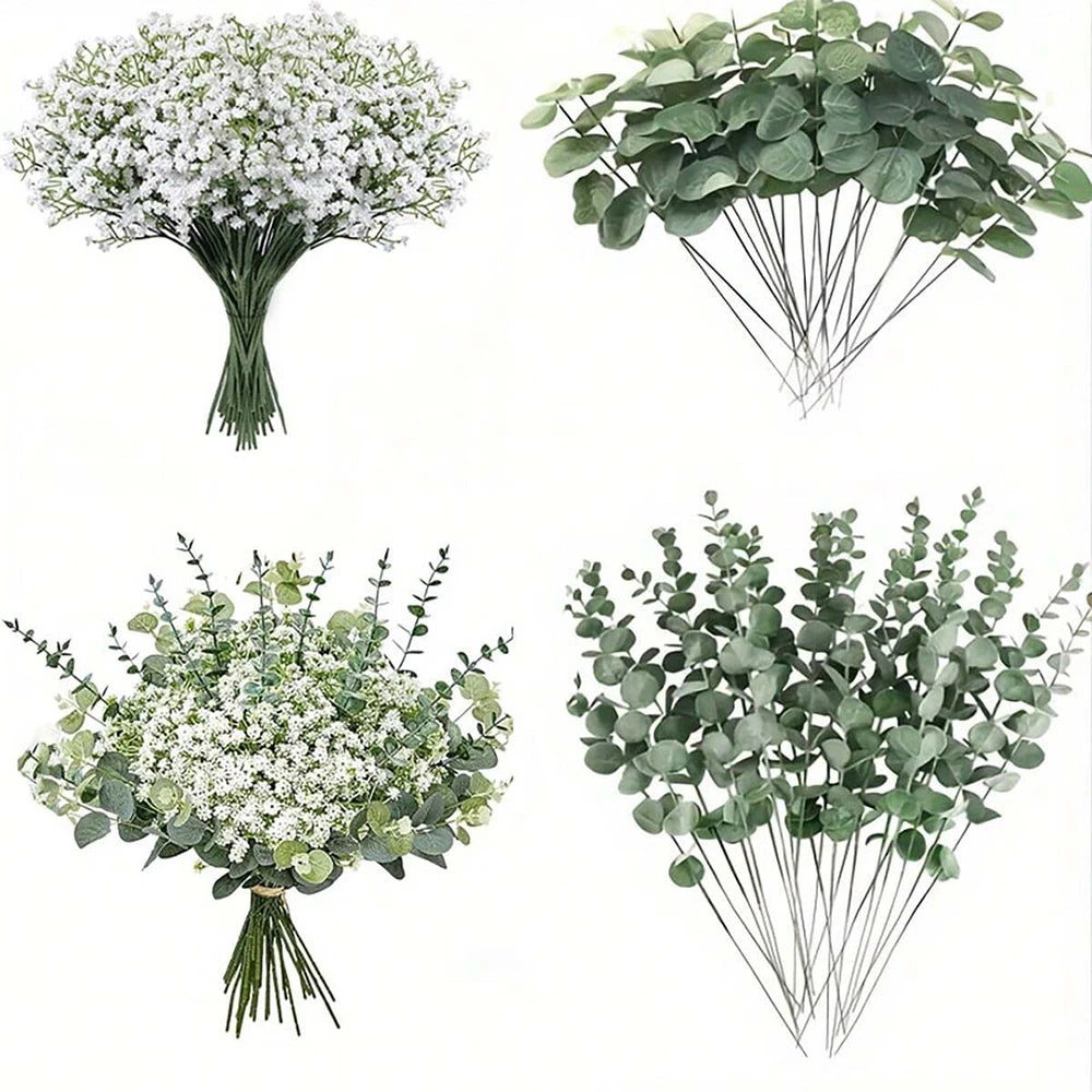 Set of artificial gypsophila and eucalyptus flowers for wedding decoration