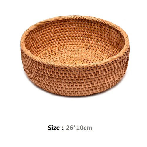 HeMu-Round Rattan Woven Basket, Wicker Fruit Basket, Bread Food, Kitchen Home Decor, Organizer Breadbasket for Kitchen - vue 10 sur 13