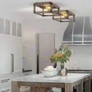 Square solid wood ceiling light, American rural industrial style