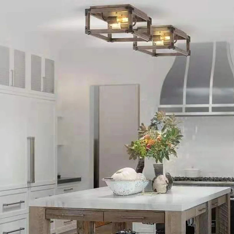 Square solid wood ceiling light, American rural industrial style - vue 5 sur 6