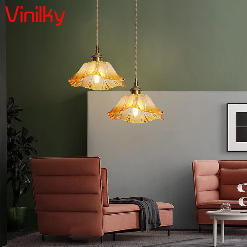 Minimalist nordic pendant light japanese style brass glass flower lamp