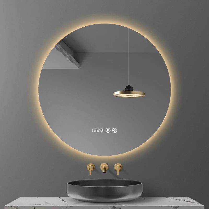 Round mirror with adjustable backlight and anti-fog, decorative