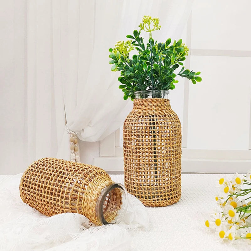 woven rattan vase for dried flowers retro decoration - vue 4 sur 8