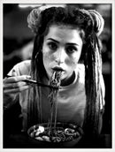 Wall art print women drinking wine eating spaghetti gift