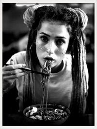 Wall art print women drinking wine eating spaghetti gift