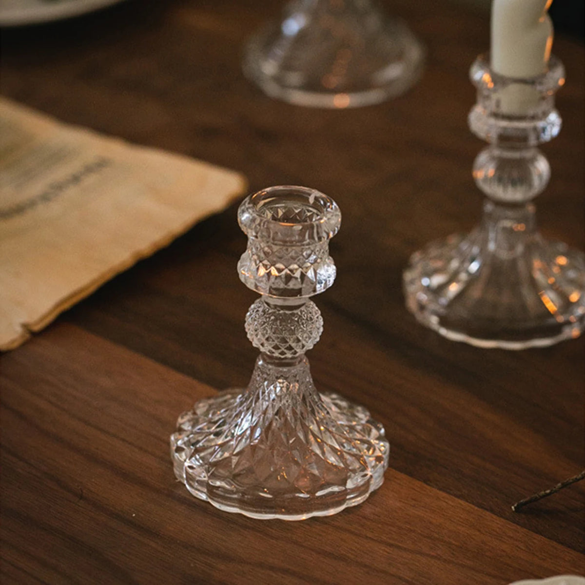 Transparent glass candle holder for dinner, wedding and photography - vue 3 sur 9