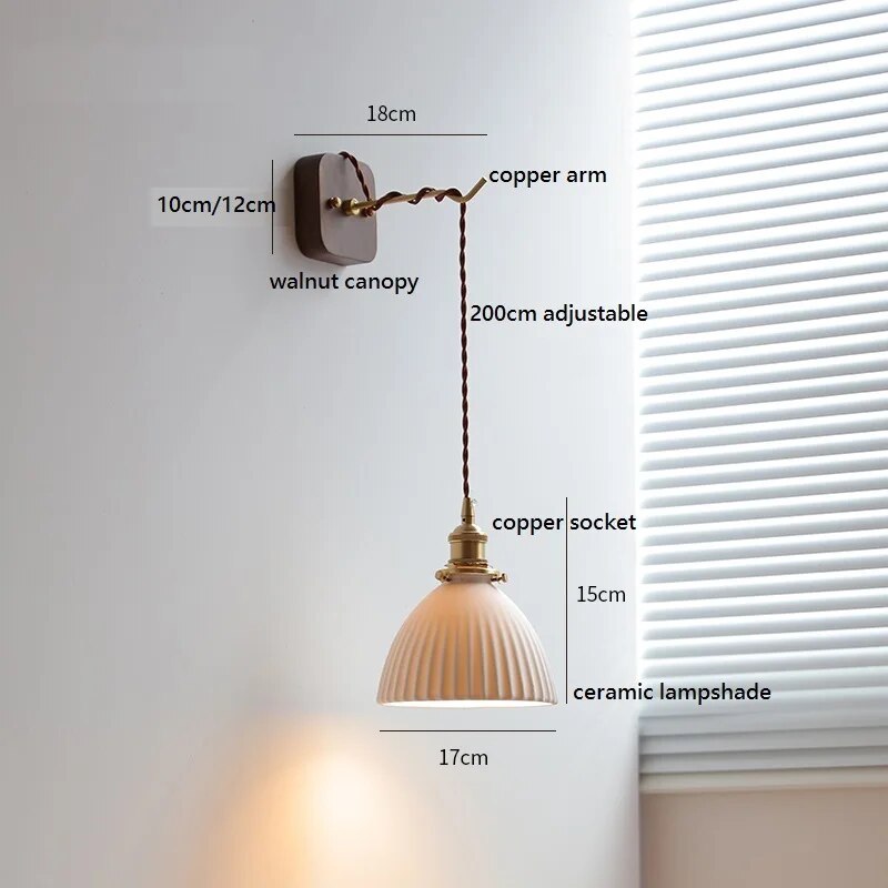Modern walnut and copper LED wall light plug-in