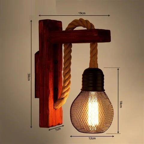 Vintage industrial wooden wall light with hemp rope - vue 9 sur 17