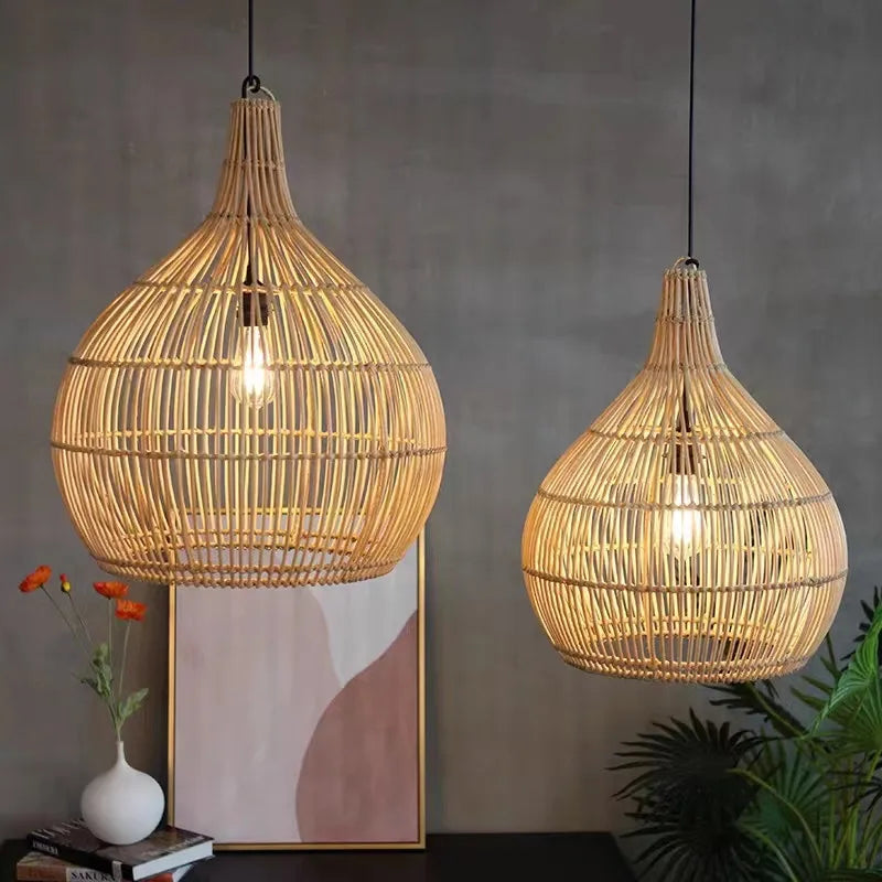 Hand-woven Japanese wicker pendant light for interior decoration - vue 5 sur 15