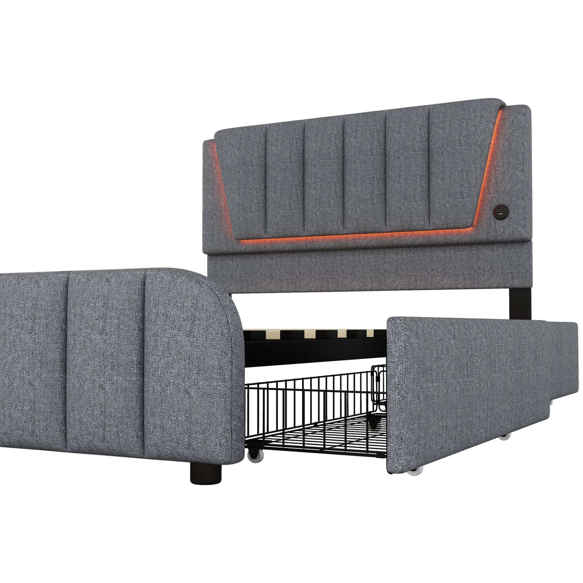 Upholstery bed, 140x200cm, bed with slatted frame (without mattress), remote control room light, bed with four drawers, adjustable - vue 2 sur 5