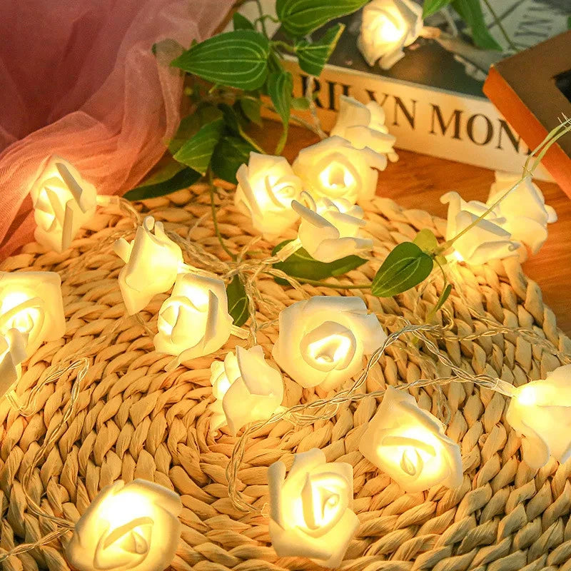 Foam rose LED string lights garland for weddings and Valentine's Day