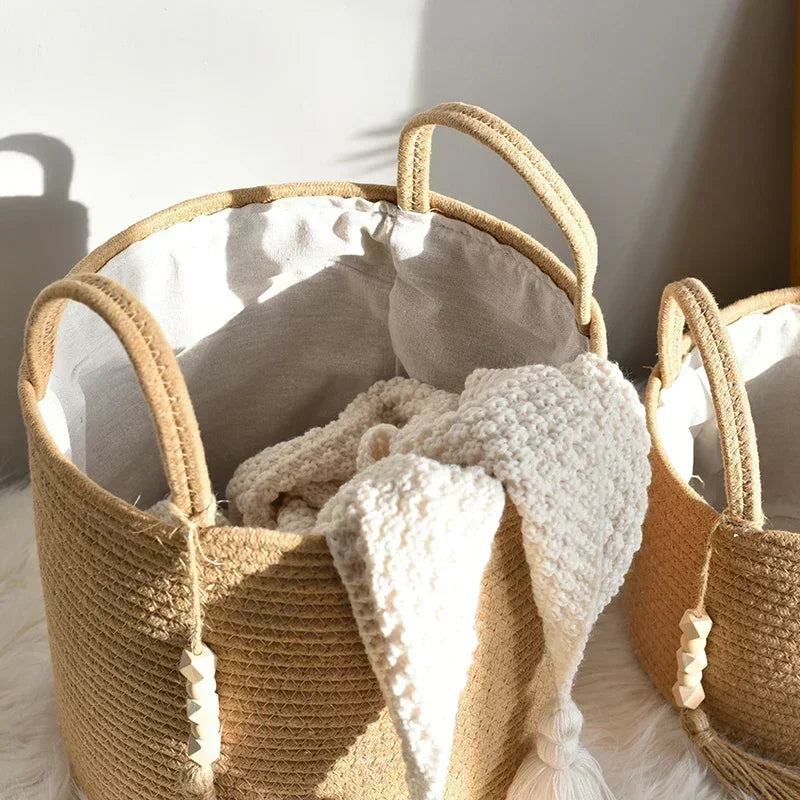 large woven laundry basket with cotton handles foldable - vue 5 sur 10