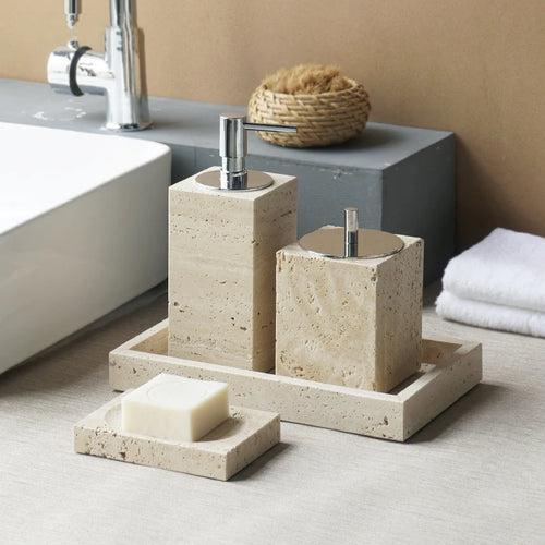 ensemble accessoires salle de bain en travertin beige naturel - vue 3 sur 28