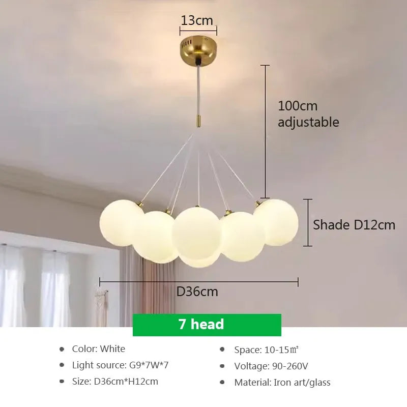 Modern glass chandelier with white LED spheres for living and dining room - vue 16 sur 18