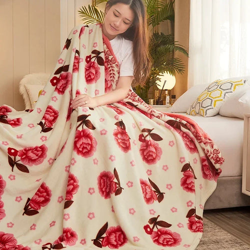 Fleece throw with floral and check patterns, soft style - vue 7 sur 6