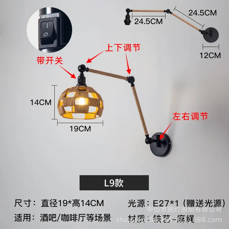 Nordic telescopic wall lamp with adjustable swivel arm and hemp rope - vue 18 sur 22