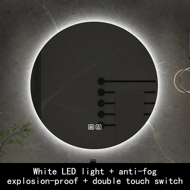 Round mirror with adjustable backlight and anti-fog, decorative
