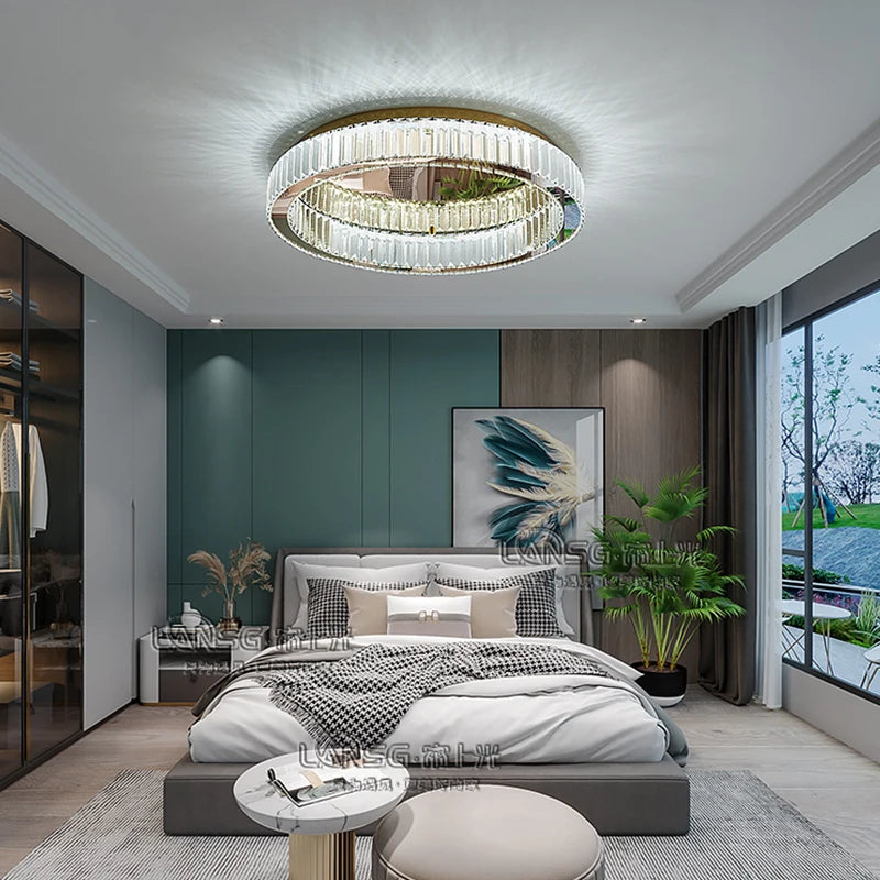 Round crystal LED ceiling light for bedroom, living room, foyer, dining room, modern luxury stainless steel crystal lamp