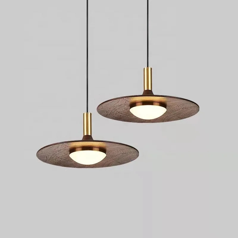 Solid wood and copper flying saucer LED pendant light