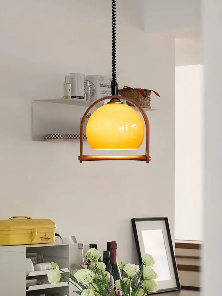 Vintage retro glass and wood chandelier for interior decoration