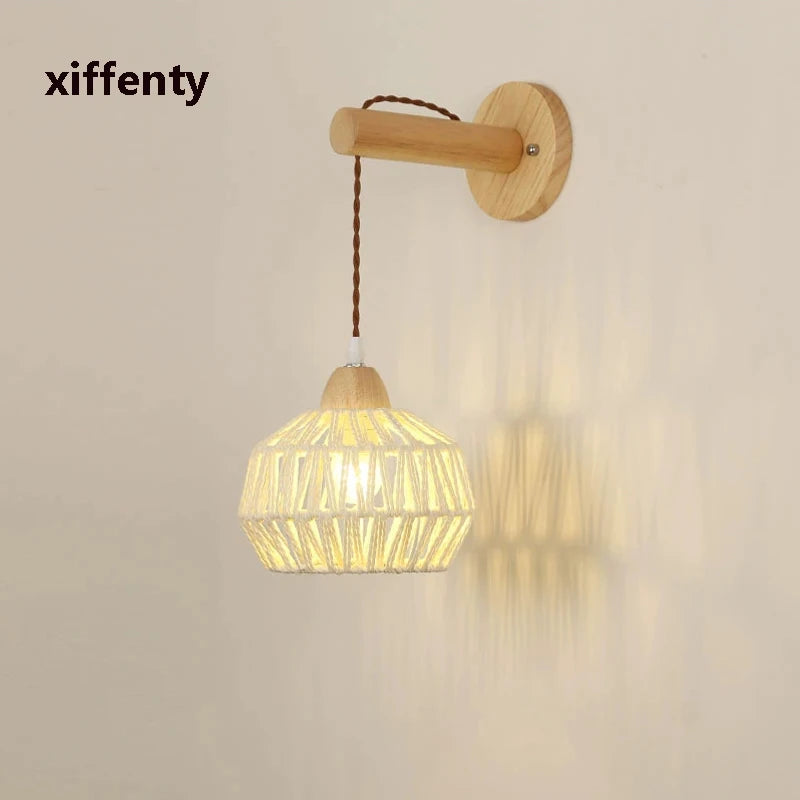 Nordic woven wood rope LED wall light