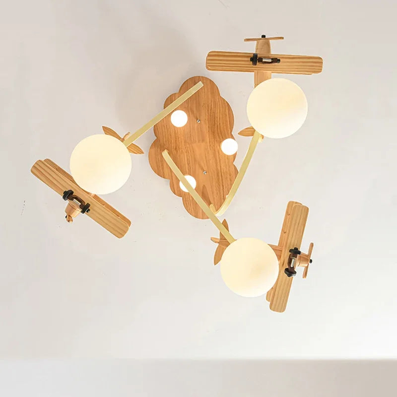 Wooden airplane LED ceiling light for children's bedroom - vue 5 sur 7