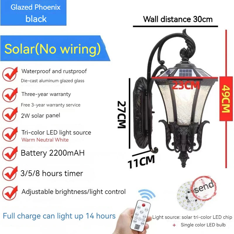 Waterproof rust-proof retro European solar wall light for garden - vue 6 sur 12