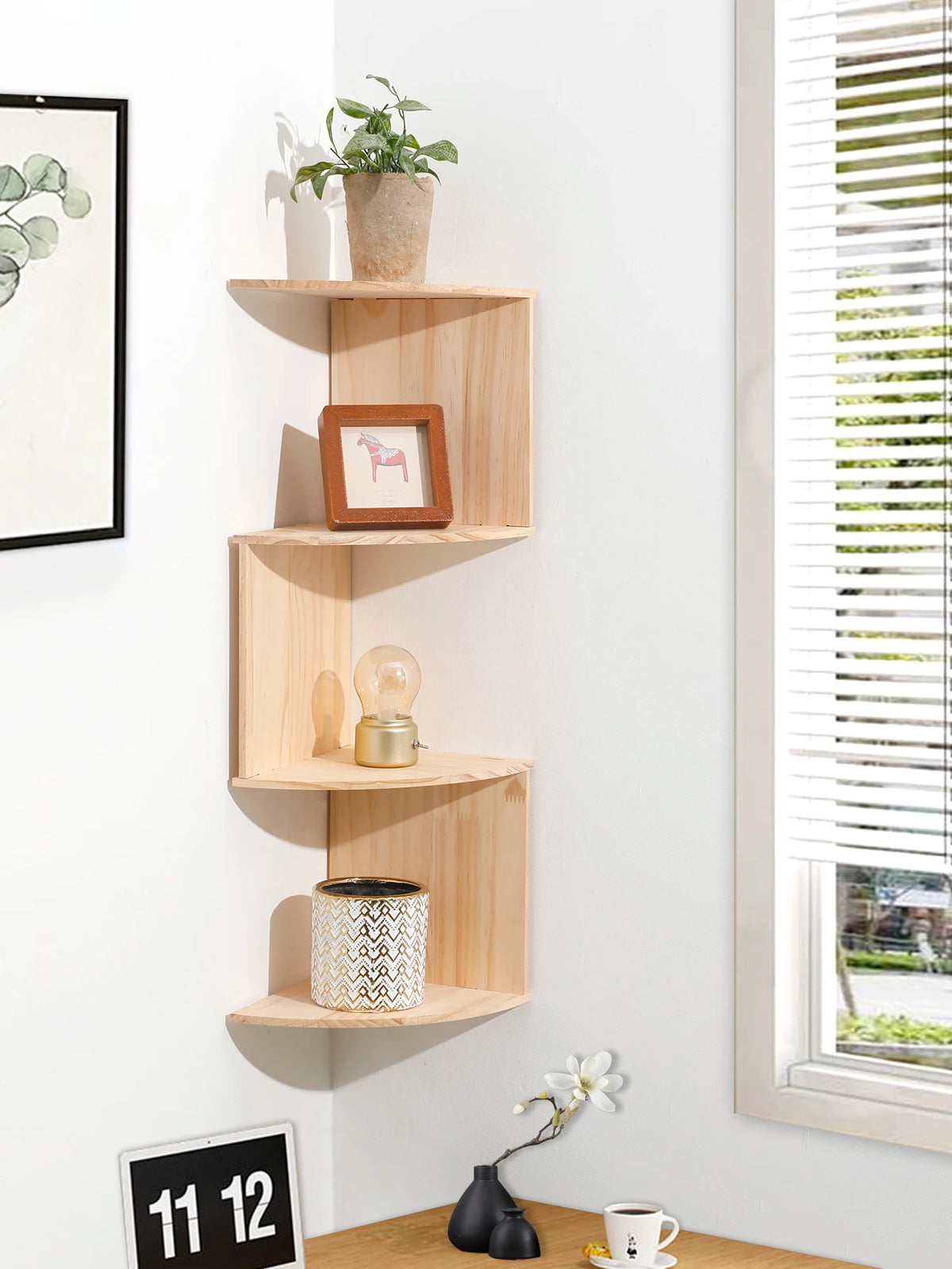 floating wooden wall shelf for storage and decoration