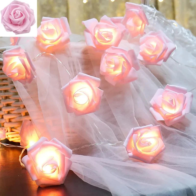 Foam rose LED string lights garland for weddings and Valentine's Day