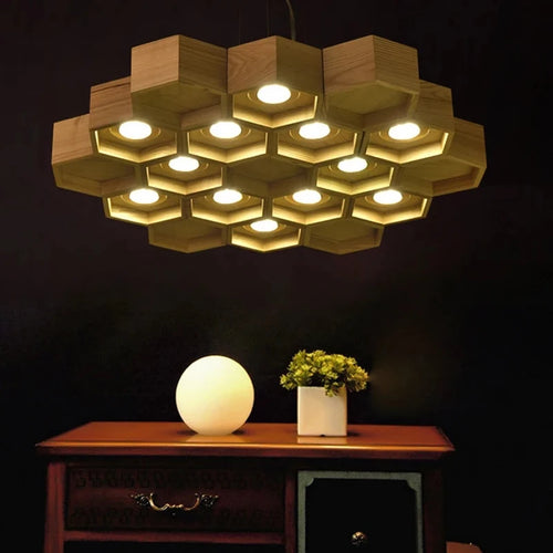 Acrylic wood honeycomb pendant light for indoor use - vue 2 sur 11