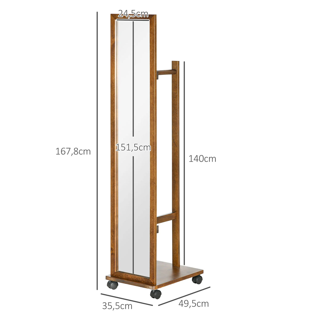 HOMCOM full body mirror with wheels bar shelf 35.5x49.5x167.8 cm Walnut - vue 3 sur 7
