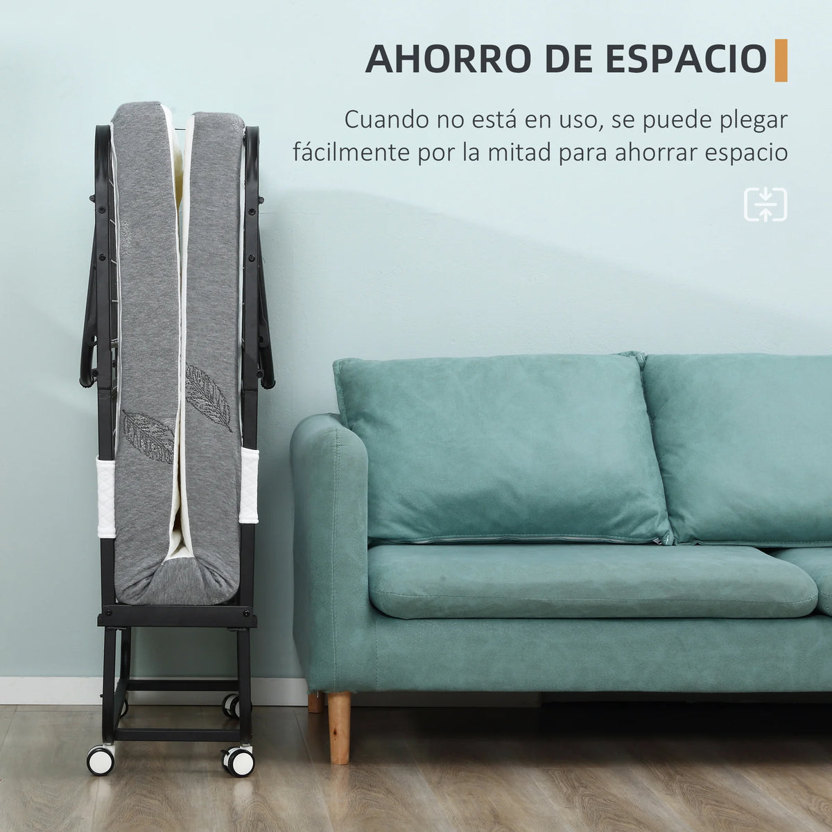HOMCOM folding bed 200x80x42,5 cm with single mattress wheels living room office - vue 3 sur 6