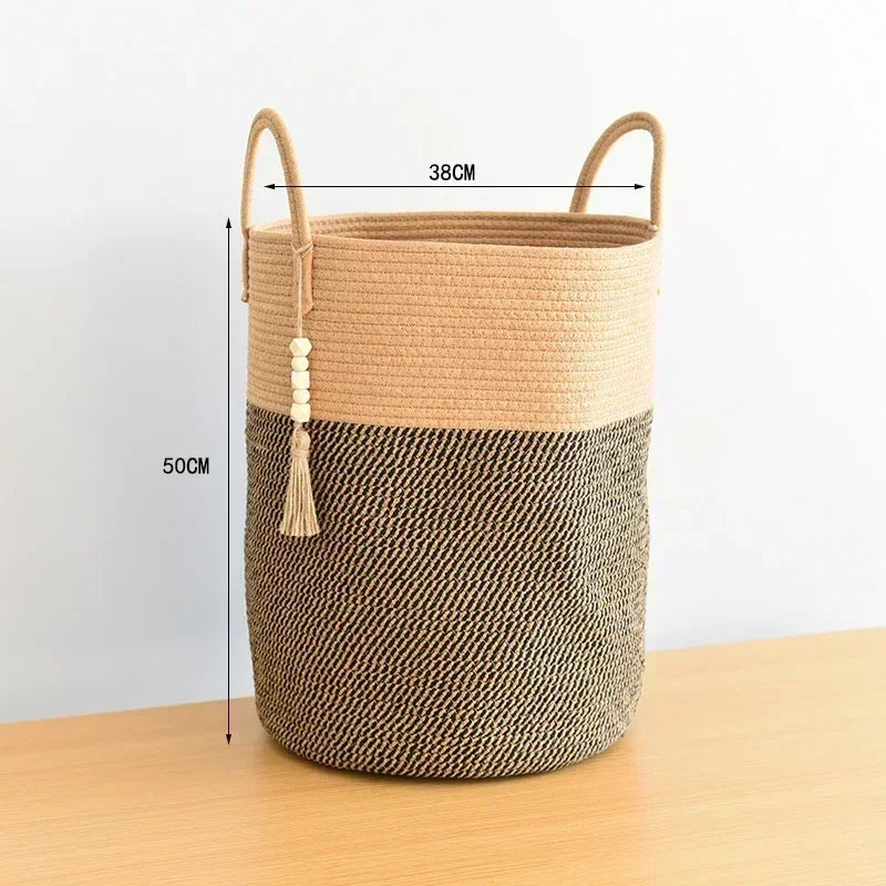 large woven laundry basket with cotton handles foldable