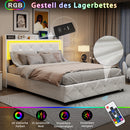Upholstered Bed with LED Light, Charging Function, Air Pressure Metal Frame and Wooden Slatted Frame, PU, ​​Without Mattress