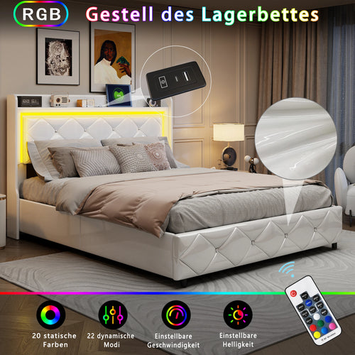 Upholstered Bed with LED Light, Charging Function, Air Pressure Metal Frame and Wooden Slatted Frame, PU, ​​Without Mattress - vue 4 sur 6