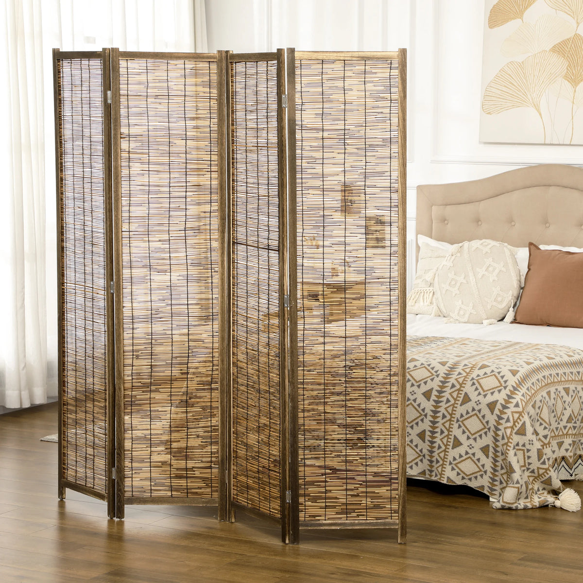 HOMCOM 4 panel folding wooden and Reed 160x1.8x170 cm Natural - vue 2 sur 7