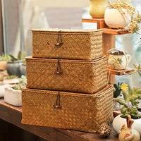 woven storage basket with lid for jewelry and miscellaneous items