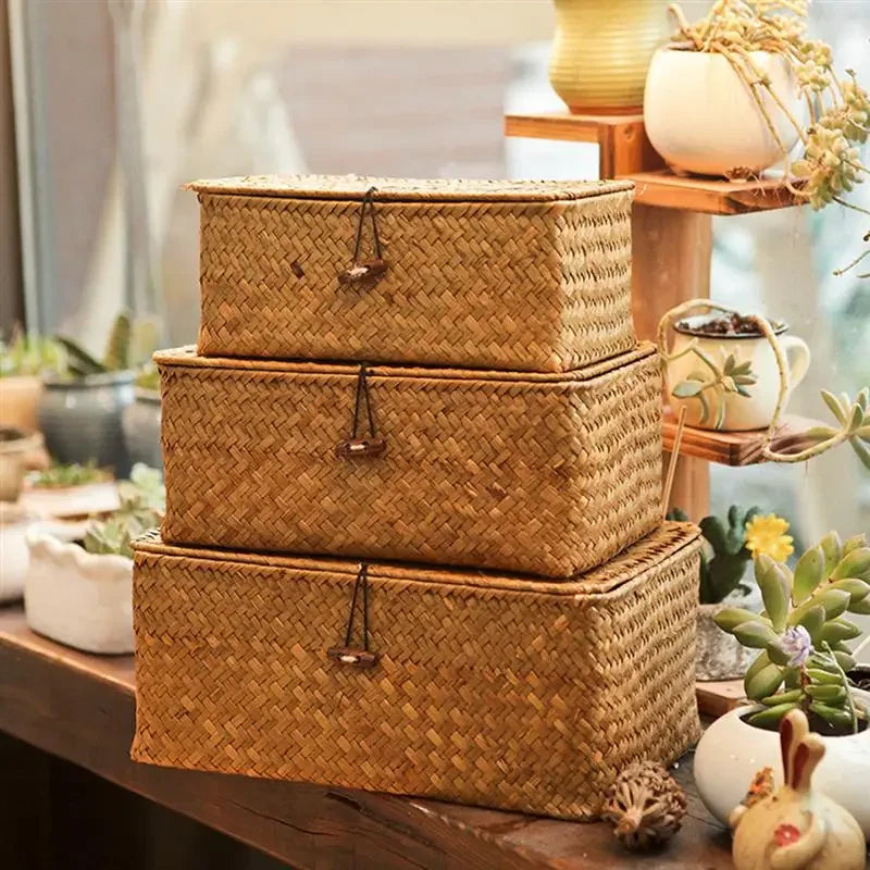 woven storage basket with lid for jewelry and miscellaneous items