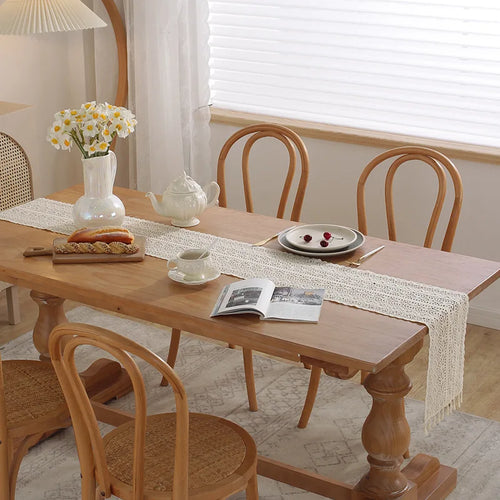 Beige vintage crochet lace table runner with tassels - vue 7 sur 7
