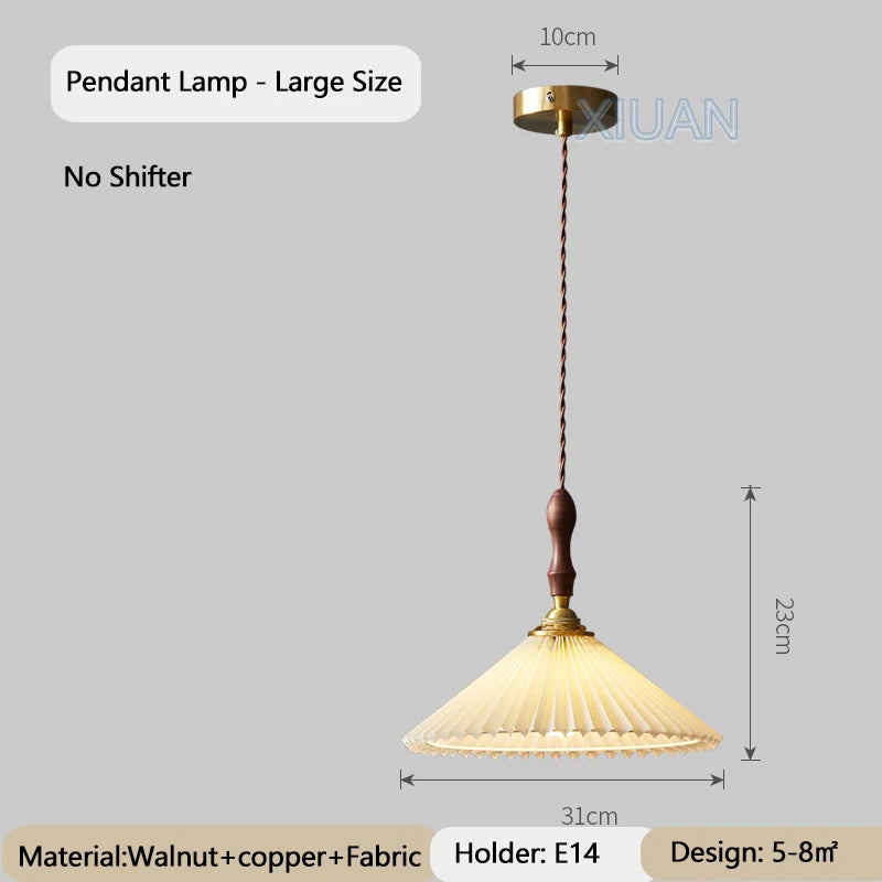 Japanese vintage chandelier with pleated walnut lampshade