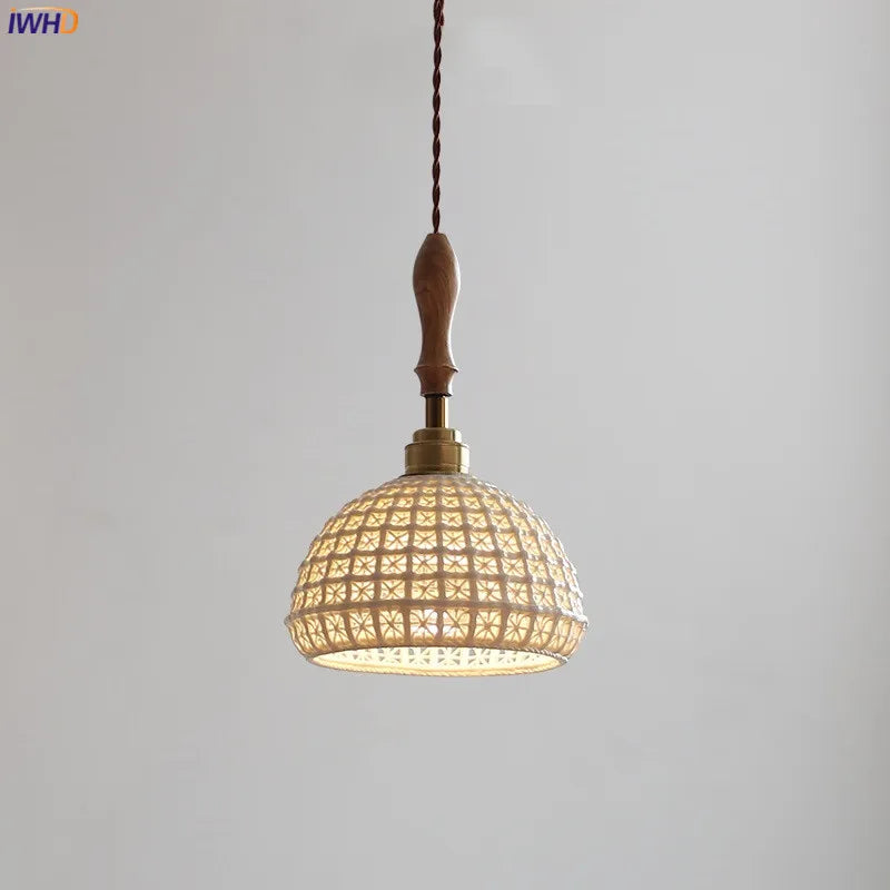 Japanese style pendant light in ceramic and vintage ash wood