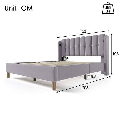 Cushion Bed Double with USB Type C Charging, Slatted Frame, Upholstered, Gray, 140x200 cm, Youth/Guest Room, Linen - vue 5 sur 6