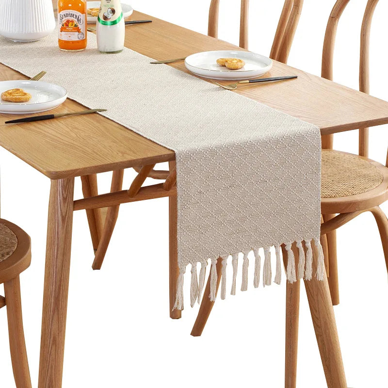 Beige embroidered linen table runner, rustic style