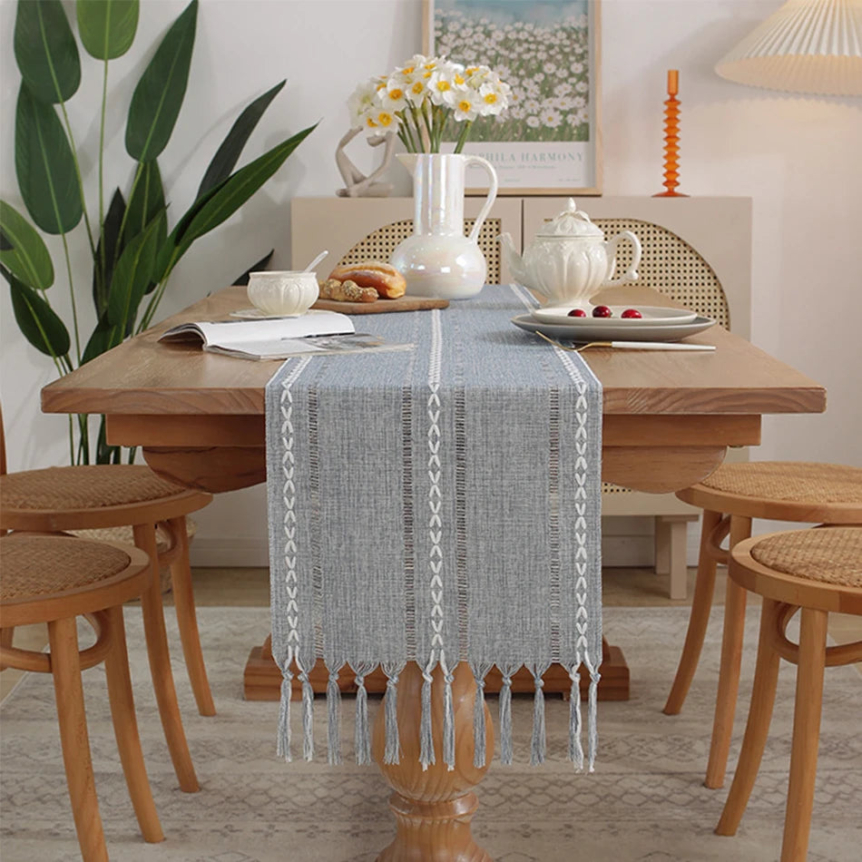 Embroidered bohemian table runner with woven tassels