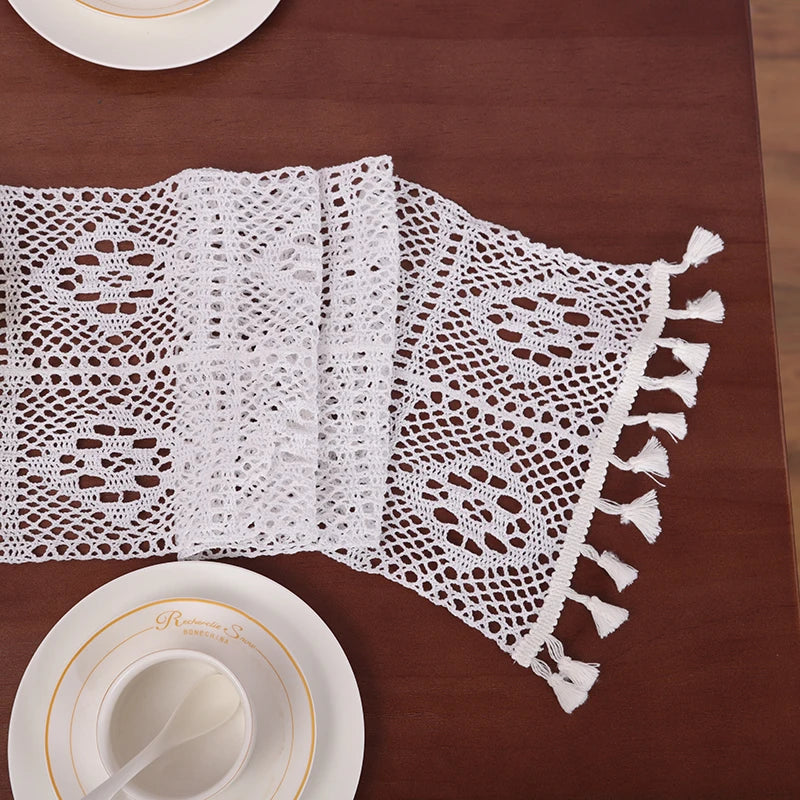 Boho crochet lace table runner with cotton tassels