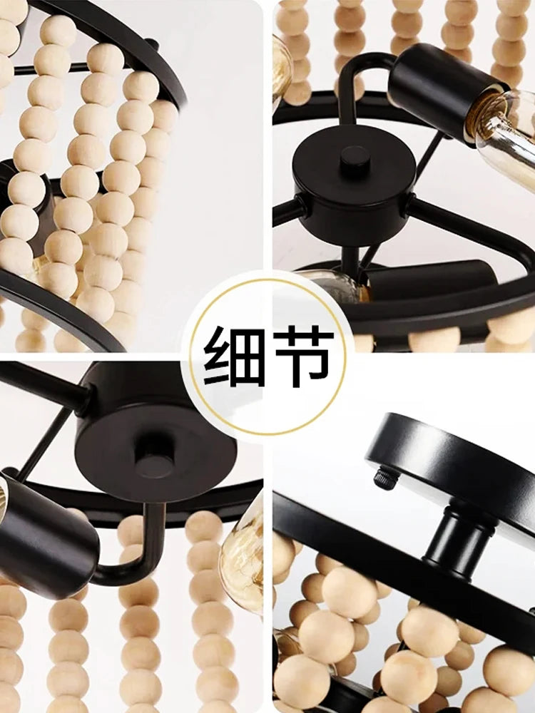 Handmade wooden bead ceiling light vintage style for a cosy home - vue 6 sur 7