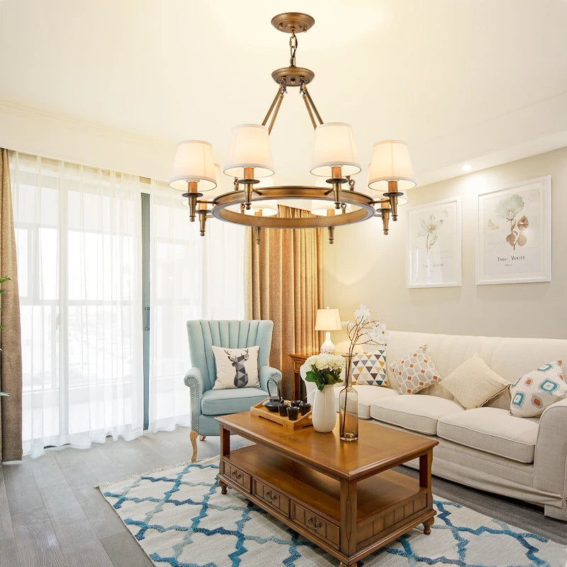 Retro iron pendant light with fabric lampshade
